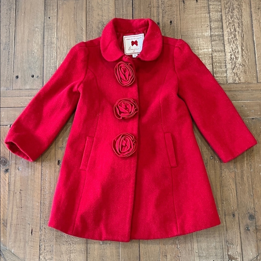 Janie and jack bonjour red rosette wool coat 3T dressy preppy Paris holiday